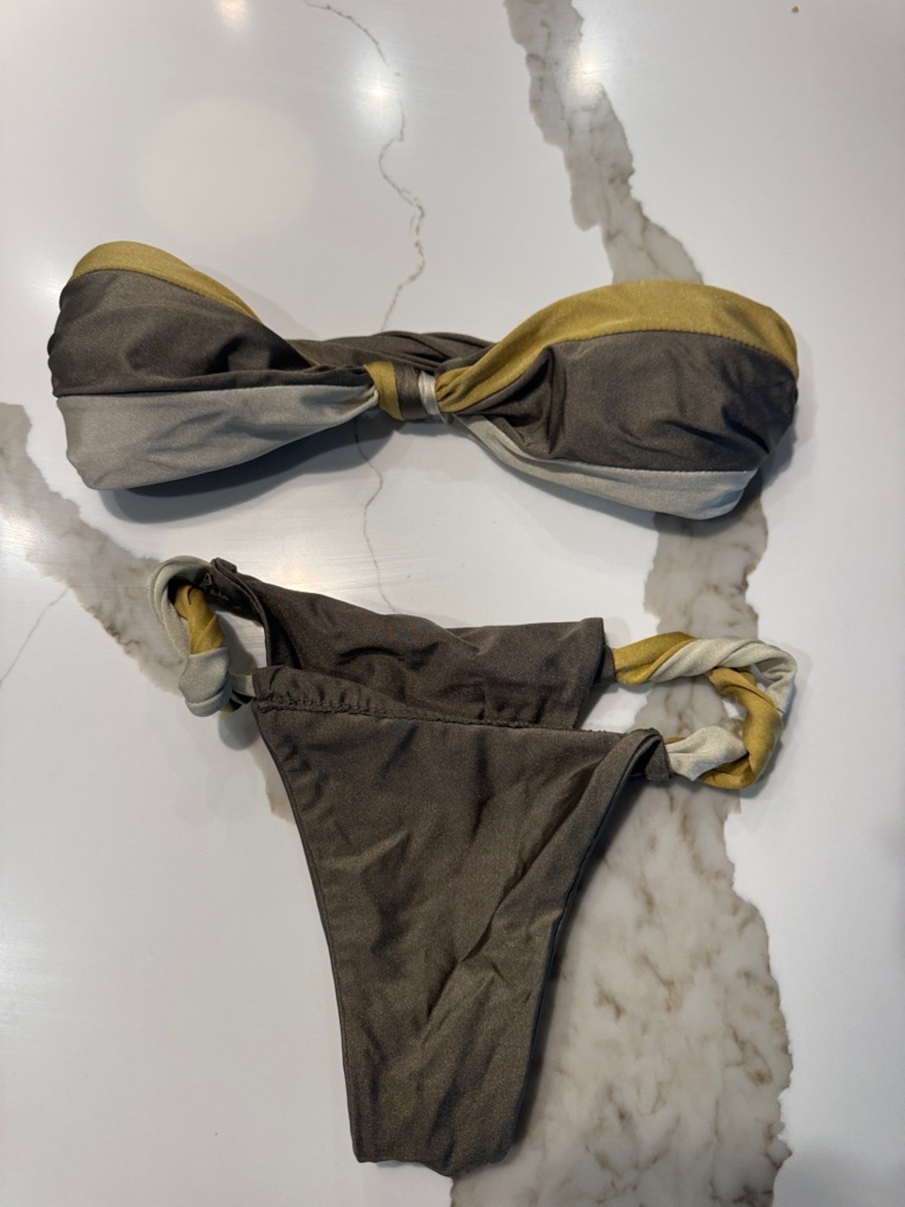 Striped Bandeau Bikini Set in Olive, Gray & Mustard